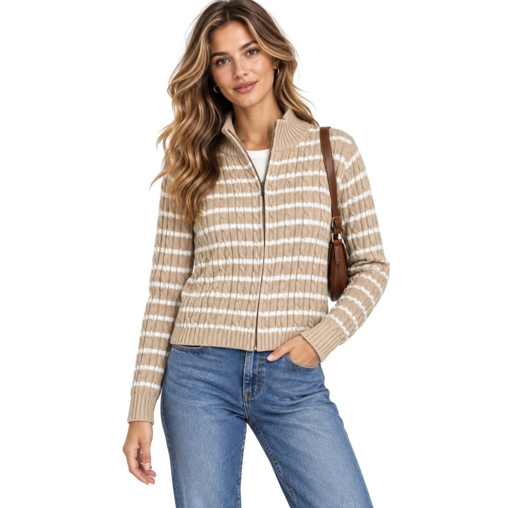 LL Bean Sweater Womens Large Tan Cable Knit‎ Full Zip Striped Cotton Neutral